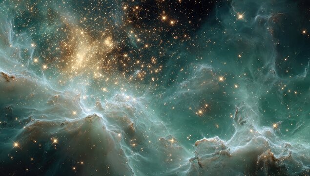 Deep space nebula, swirling clouds of gas and dust.  Vast expanse of stars, vibrant colors of emerald and gold