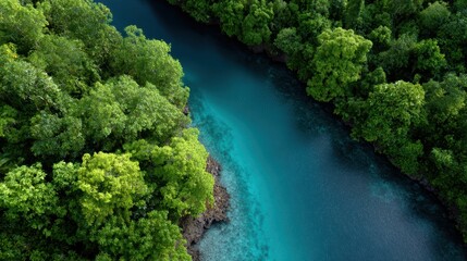 Aerial view of a turquoise lagoon surrounded by lush tropical rainforest