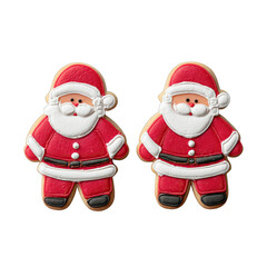 Fototapeta premium Two decorated Santa gingerbread cookie with red icing suit and white beard smiling on transparency background, festive holiday treat and cheerful Christmas decoration