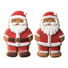 Santa gingerbread cookie duo wearing red hat and coat with white icing beard and festive belt, joyful holiday treat with decorative frosting and textured cookie surface
