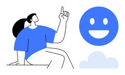 Woman seated while pointing upward alongside a smiling face and cloud, symbolizing positivity, optimism, creativity, joy, motivation, happiness, and focus. Ideal for teamwork education mental