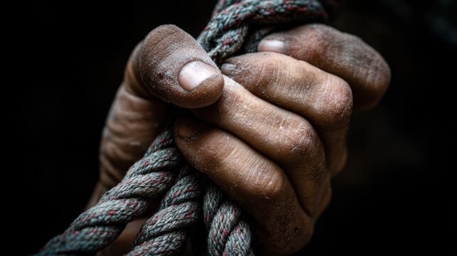 Close-up of calloused hands gripping climbing rope