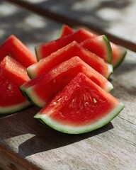 Freshly cut watermelon slices arranged neatly on a picnic table