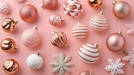 Elegant Rose Gold & White Christmas Ornaments Flatlay