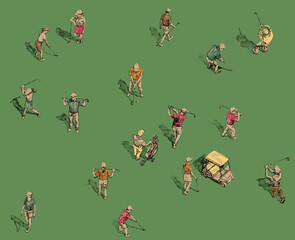 Colorful bright pattern, ornament made of illustrations of golfers on a picturesque green field top view, graphic, hand drawn ink sketches with black line, golf cart buggy, clubs, players. High