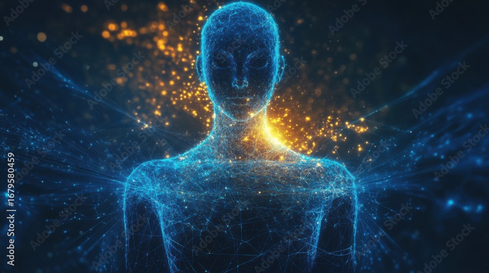 Poster digital representation of a humanoid figure with glowing particles in a futuristic setting at nightt