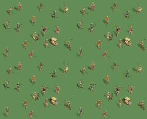 Colorful bright pattern, ornament made of illustrations of golfers on a picturesque green field top view, graphic, hand drawn ink sketches with black line, golf cart buggy, clubs, players. High