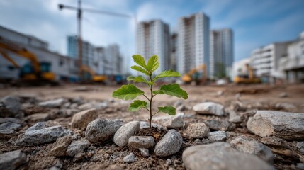 Small plant emerges from rocky soil at construction site, symbolizing resilience in urban development
