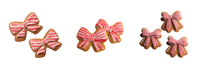 Bow shaped gingerbread cookie with red and white striped icing bow, festive holiday cookie, sweet baked treat with decorative frosting and warm golden brown color
