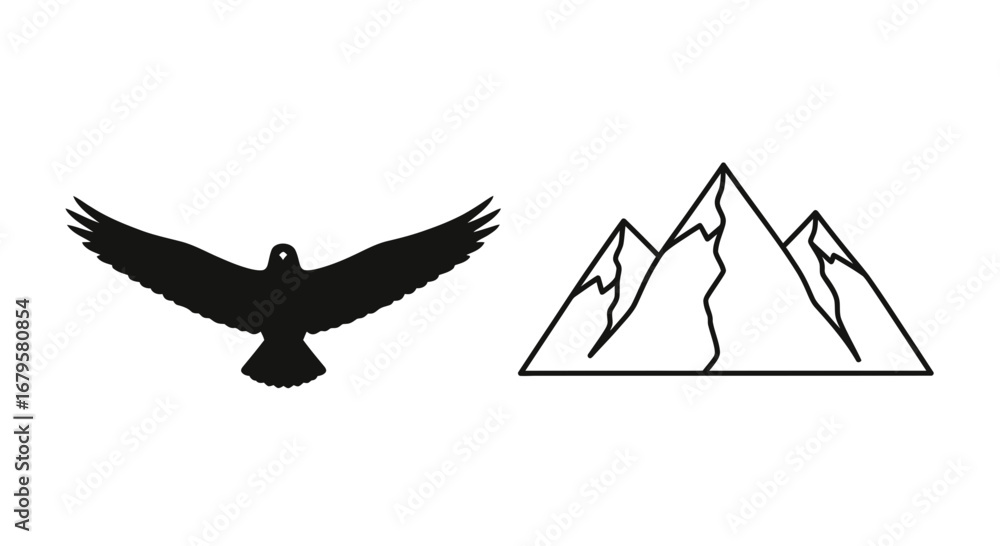 Poster vector silhouette of an eagle in flight positioned to the left of a simple line drawing of three mou