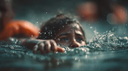 Young swimmer struggles in water, showcasing bravery and determination during a challenging moment in the pool at sunset