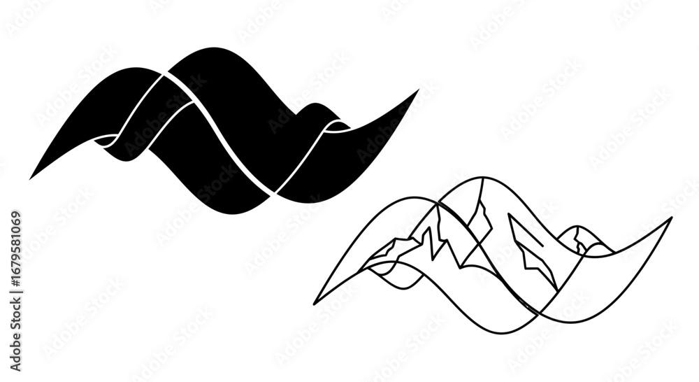 Poster a stylized abstract wave pattern design in solid black and a detailed outline version for creative i