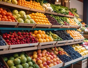 Obraz premium Colorful arrangement of fresh fruits and vegetables in a market display