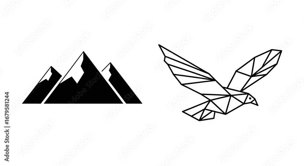 Poster geometric mountain range icon next to a polygonal eagle flying with wings spread open as a stylized 