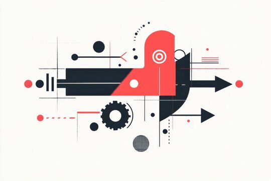 Design featuring abstract shapes and lines with a playful color scheme emphasizing geometric forms and industrial elements