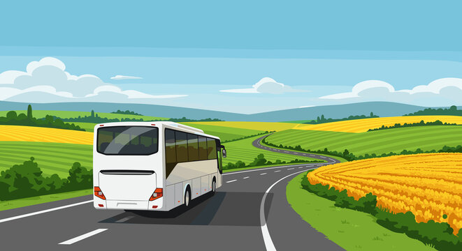 Scenic bus traveling along winding road through green fields  