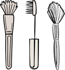 Line art makeup brush with soft bristles, minimal doodle black and white outline vector