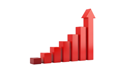 Red bar graph with upward arrow isolated on transparent background, showing growth