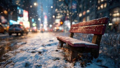 Obraz premium Red park bench in snowy city street at night