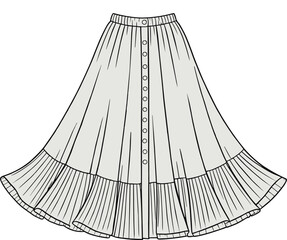 Long flared skirt vector, button-down fashion illustration, pleated hemline, tiered silhouette, garment design, clothing template, apparel drawing, sewing concept
