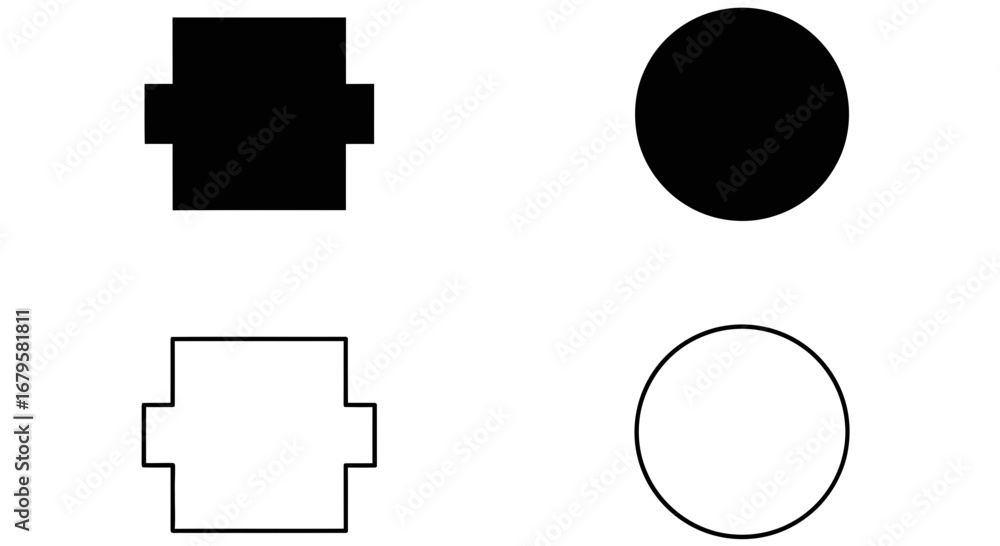 Poster a collection of basic geometric shapes including a solid black circle and a square with tabs alongsi