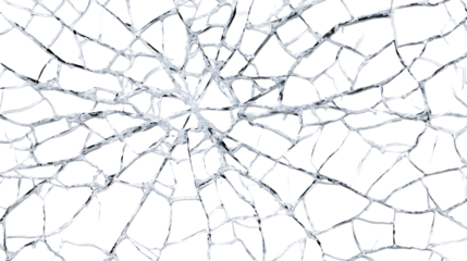 Cracked shattered glass pattern with spider web cracks on white background. 