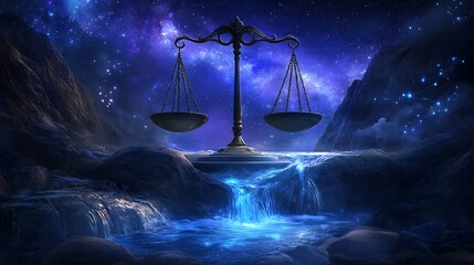 Libra's scales glowing in a serene midnight sky, balanced perfectly with Aquarius' flowing water stream. 