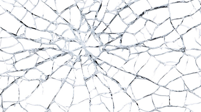Cracked shattered glass pattern with spider web cracks on white background.