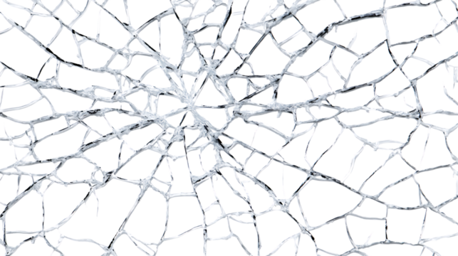 Cracked shattered glass pattern with spider web cracks on white background. 