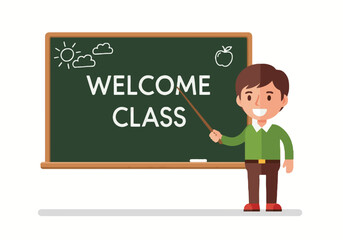 Cartoon male teacher with pointer welcomes class at chalkboard, education concept for school, learning, and World Teacher's Day.