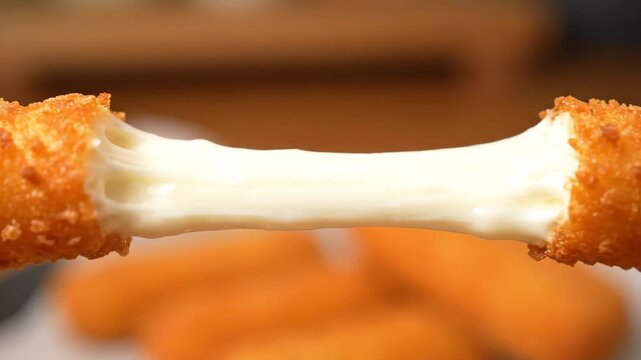 Fried Mozzarella Stick Being Stretched Apart Showing the Melted Cheese Inside, Demonstrating a Delicious Snack Food at an Unknown Restaurant