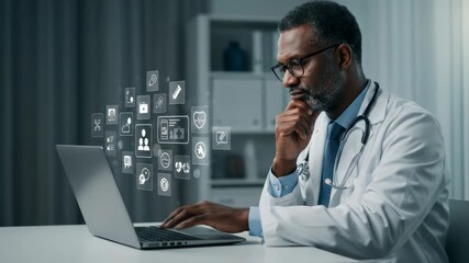 Doctor Using Laptop with Medical Data Hologram - A thoughtful male doctor in a white coat sits at a desk, using a laptop with a digital interface displaying various medical icons and data. - Powered by Adobe