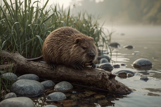 Riverbank beaver eating, misty dawn - Powered by Adobe