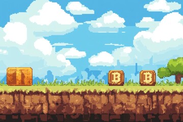 Pixel art landscape featuring block-style currency symbols under a bright sky with clouds and a green tree in a game-like environment