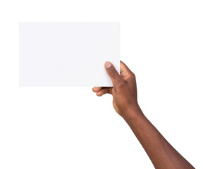 Man holding a blank rectangular piece of white paper isolated on white or transparent background