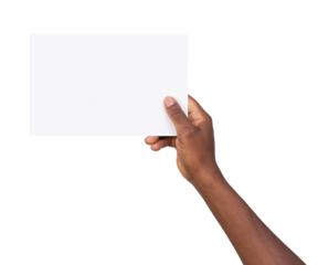 Man holding a blank rectangular piece of white paper isolated on white or transparent background