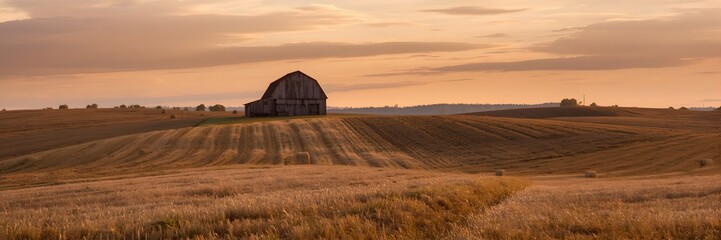 Barn house on brown grass field at sunset 