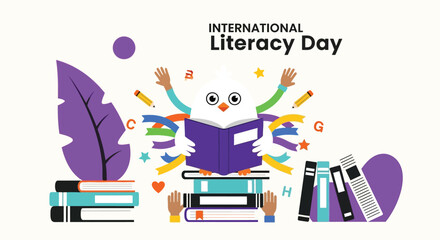 Celebrate literacy day with a joyful reading illustration featuring books and a happy character in vibrant colors vector art