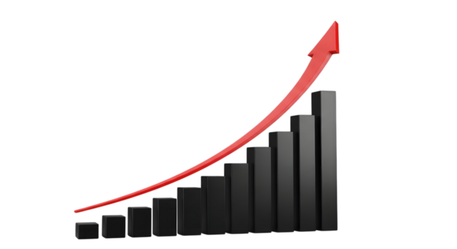 Black bar graph with red arrow pointing up isolated on transparent background