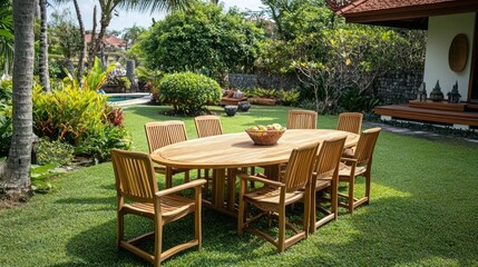 Teak oval table with stacking chairs on lawn and garden backdrop