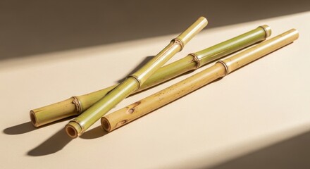 Four bamboo stalks with green and tan colors arranged on a light beige surface with diagonal shadows