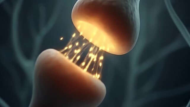 Detailed close-up of a neuron, highlighting the synaptic cleft with glowing signals