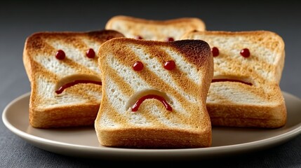 Toast slices arranged on a plate, featuring playful expressions created with ketchup, showcasing a whimsical and humorous take on food presentation and emotional connection through culinary art