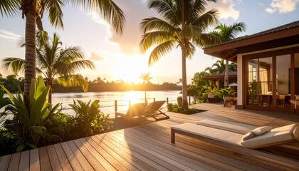 Serene Tropical Sunset Over Water with Lounge Chairs and Palms