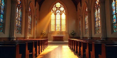 Serene church interior, sunlight streaming through stained glass windows onto the altar and pews Peaceful atmosphere perfect for worship and reflection , cathedral, holy, meditation
