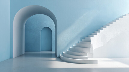 Fototapeta premium A white circular staircase spirals gracefully against a light blue background, creating a minimal, airy, and architecturally elegant scene.