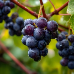 Close-up of ripe dark purple grapes glistening with water droplets on a vine in soft sunlight