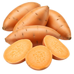 Whole and halved orange sweet potatoes isolated on white or transparent background. PNG