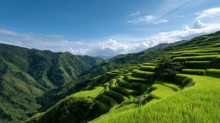 Fototapeta premium Lush green rice terraces cascading down hillsides under a bright sunny sky