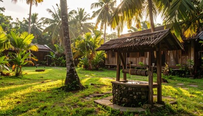 Fototapeta premium Tranquil Garden with Well and Palm Trees in Soft Morning Light